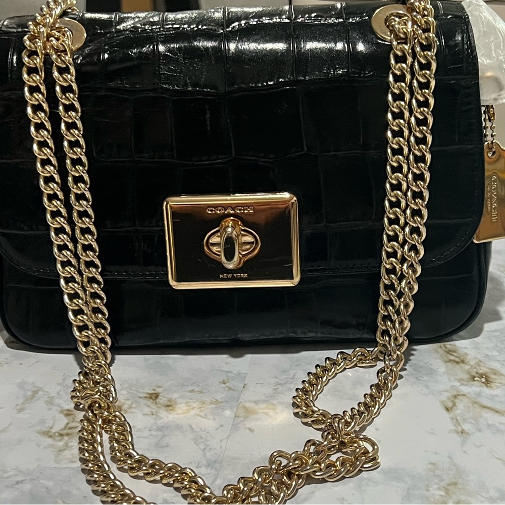 Coach Black Croc-Embossed Shoulder Bag with Gold Chain